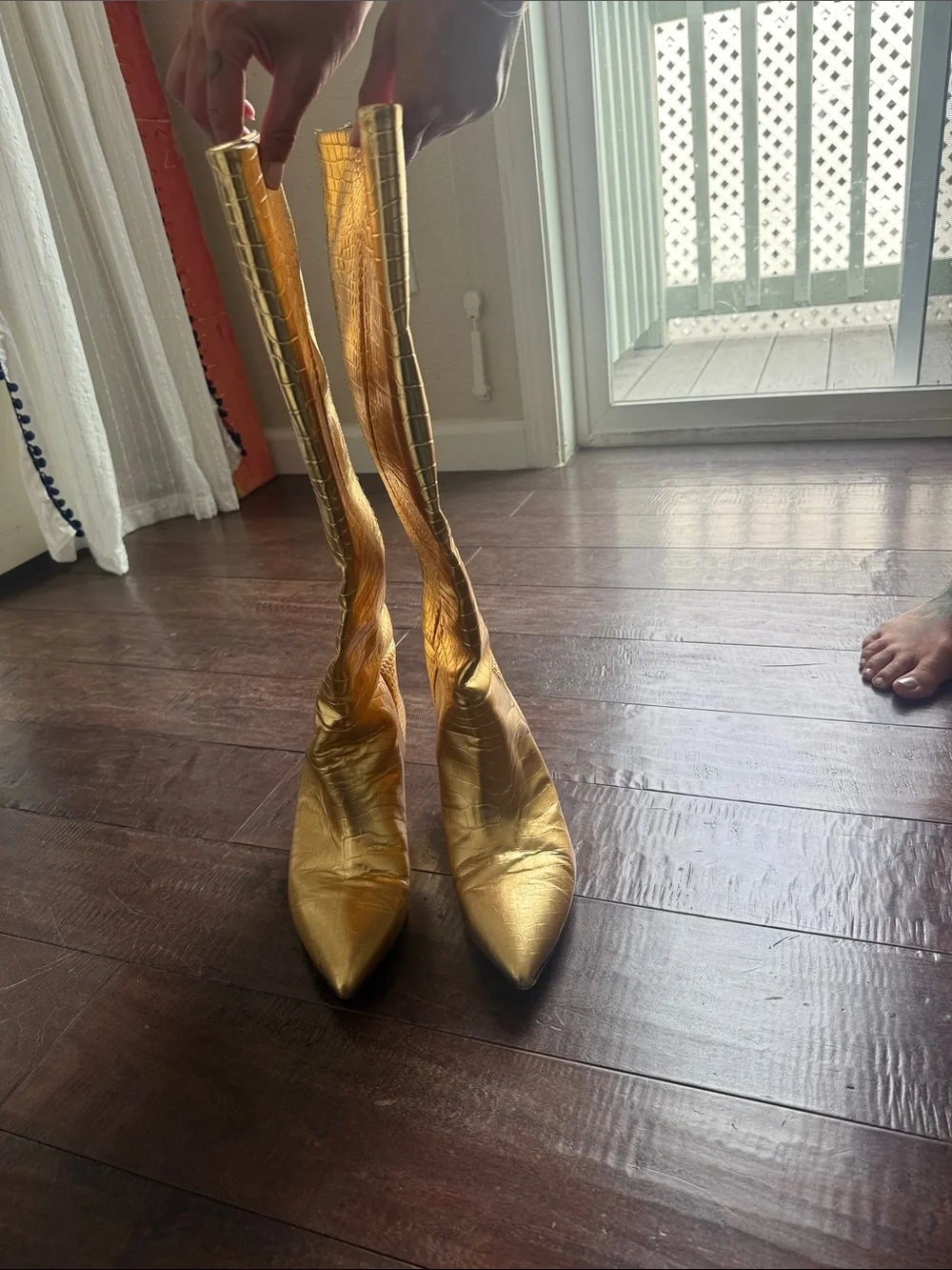 Paris Texas Metallic Gold Croc-Embossed Over-the-Knee Stiletto Boots